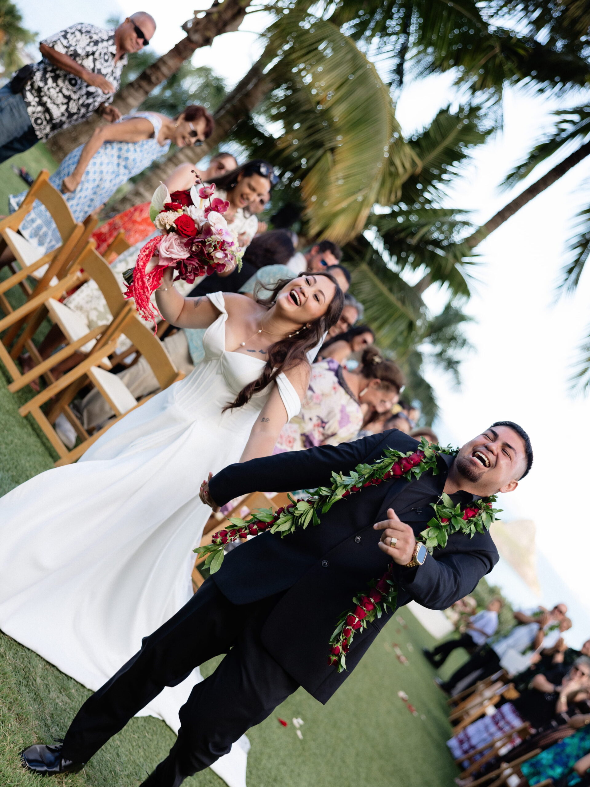 Couple first look at Valley Lookout, Kualoa Ranch, destination wedding in Hawaiʻi